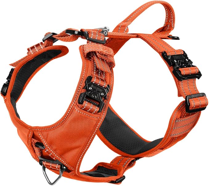 ICEFANG Dog Halter Harness with Metal Buckles,Dog Strap Vest X-Large Dogs | Control Handle,Summer-Cooling,Reflective,Front Hook,Adjustable,Soft Padded,No Pull,Orange,XLarge