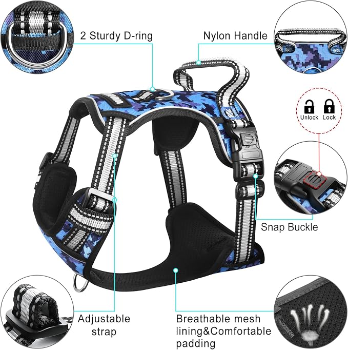 Dog Harness No Pull, Pet Harnesses with Dog Collar, Adjustable Reflective Oxford Outdoor Vest, Front/Back Leash Clips for Small, Medium, Large, Extra Large Dogs, Easy Control Handle for Walking