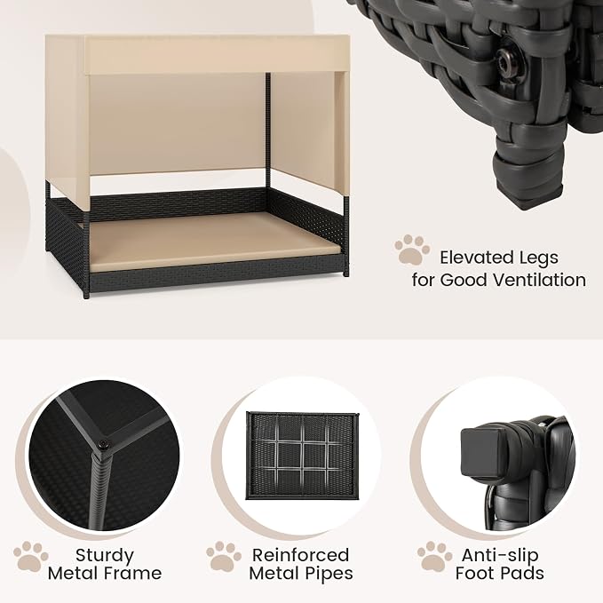 Tangkula Elevated Wicker Dog House for Small to Medium Breeds, Raised Rattan Pet Sofa Bed with Removable Cushion, Canopy Roof, Indoor & Outdoor Puppy Cat Shade Shelter for Patio, Yard, Garden