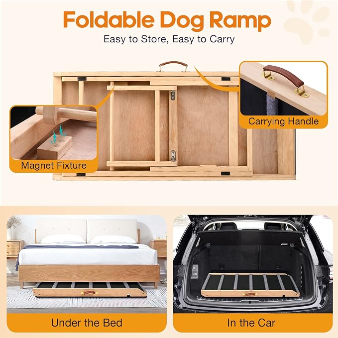 Dog Ramp for Bed - Extra Wide 17’’, Non-Slip Rubber Surface Excellent Traction, Pet Ramp for Small Large Dogs to Get on High Couch Car, Hold up to 200lb, Adjustable, Foldable