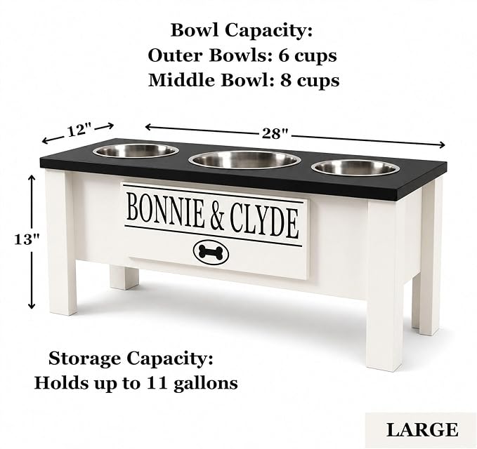 3 Bowl Dog Feeding Station, Personalized Triple Bowl Food Stand Large Dogs | Farmhouse Style, Elevated Wood Stand, Storage Container, Stainless Steel Bowls, Raised Feeder, Large Breed, Made in USA