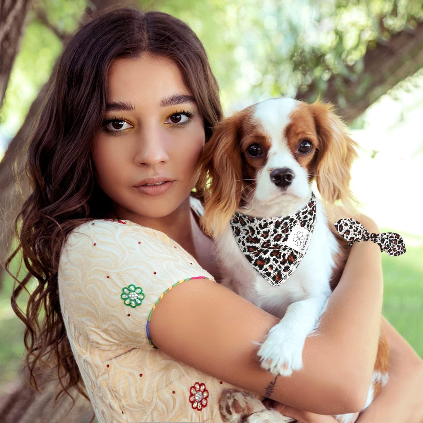 E-Clover Dog Bandanas Boy & Matching Scrunchie Set Leopard Dog Bandana Bibs Washable Kerchief Scarf for Medium Large Dogs & Owner