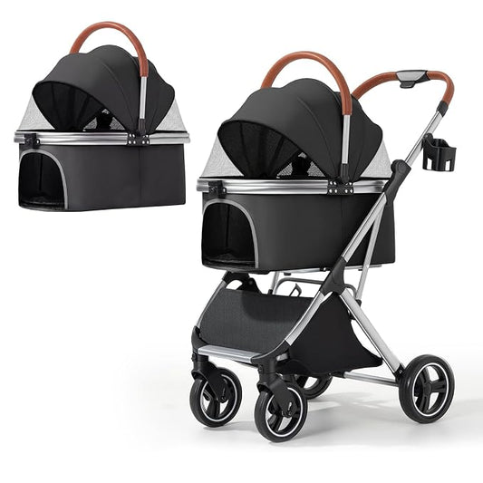 Dog Strollers for Small Medium Dogs Cats 44 lbs,3-in-1 Detachable Pet Carrier Stroller,4 Wheels One-Hand Fold Travel Carriage with Storage Basket,Pet Pad,Cup Holder(Black)