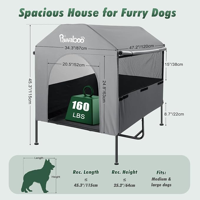 Pawaboo 47" XL Dog House Outdoor Weatherproof, with Breathable Mesh Windows | Elevated Dog Cot Bed Dogs Tent Shade, Indoor/Outdoor Sunshades Large Dogs Shelter, Grey