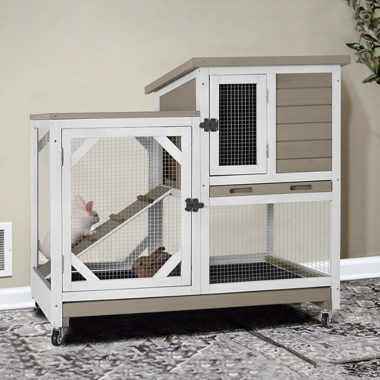 GUTINNEEN 2-Story Rabbit Hutch with Chew-Proof Ramp & Pull-Out Trays - Indoor/Outdoor 39.3" Wooden Rabbit Cage on Wheels for Rabbits, Guinea Pigs (Light Brown)