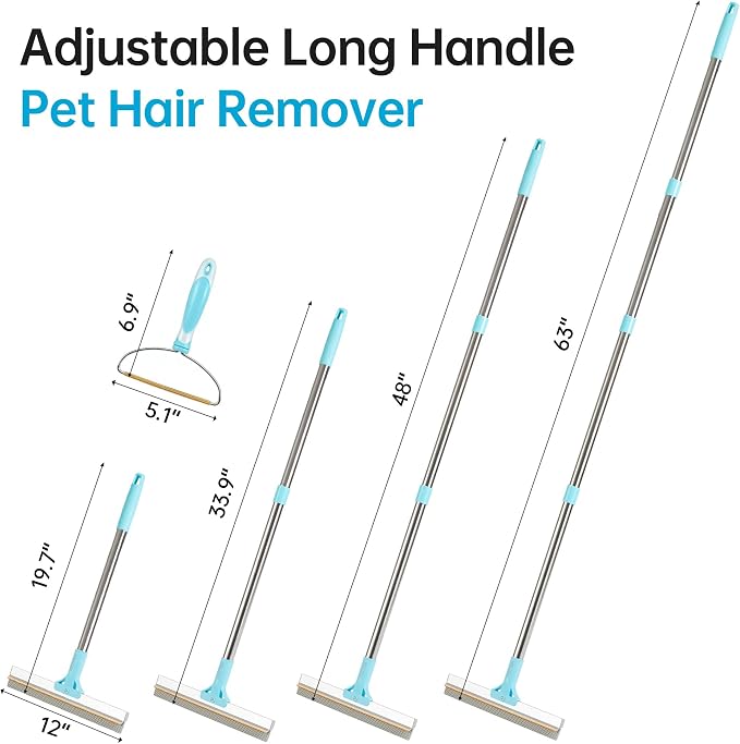 Carpet Rake for Pet Hair Removal Tool, 2 in 1 TPU and Copper Rake Teeth Uproot Clean Hair Remover with 63’’ Adjustable Long Handle,Cat & Dog for Carpets,Rugs, Mats (63’’ Long Handle+1 Short Handle)