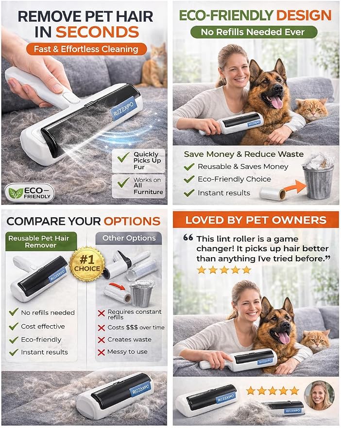 Pet Hair Remover, Reusable Lint Roller for Cat & Dog Hair, Carpet Rake for Pet Hair Removal, Cat Hair Remover Furniture, Dog Hair Remover for Car, Couch, Rugs & Bedding