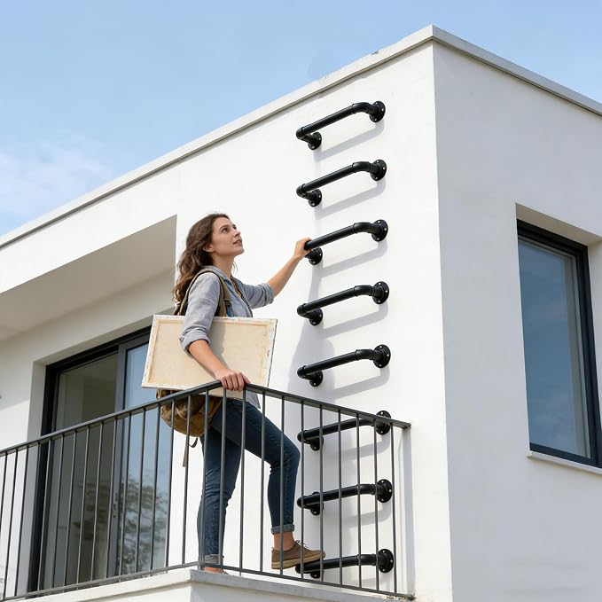 Wall Mounted Ladder, 1 Rung Industrial Steel Rung - 8 Pack for Warehouse & Basement Safety | 700LB Capacity, Black Anti-Rust Metal, Universal Mounting Kit for Wood & Masonry Walls
