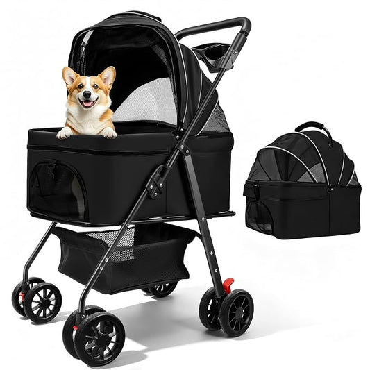 Pet Stroller for Small Dogs and Cats with 4 Wheels, 3 in 1 Foldable Dog Stroller with Detachable Carrier, Breathable Mesh, Storage Basket & Cup Holder, Up to 33 lbs