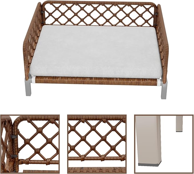 Dog Bed with Egg Crate Foam Support, Brown PE Wicker Orthopedic Pet Couch Bed with Washable Removable White Cushion, Outdoor Dog Sofa Bed for Medium, Small Dogs