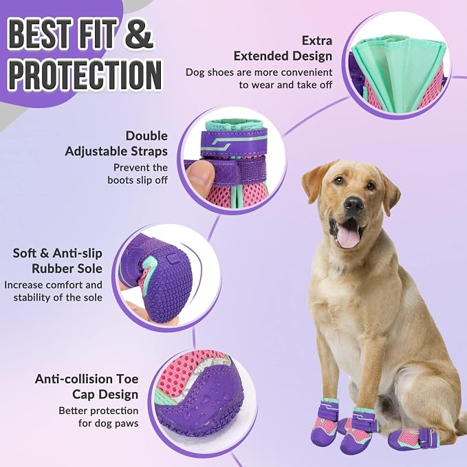 SlowTon Dog Shoes for Large Small Medium Dogs - Breathable Dog Boots for Summer Hot Pavement, Paw Protector for Outdoor Walking Winter Snow, Anti-Slip Rubber Dog Booties for Hardwood Floor (Purple, 1)