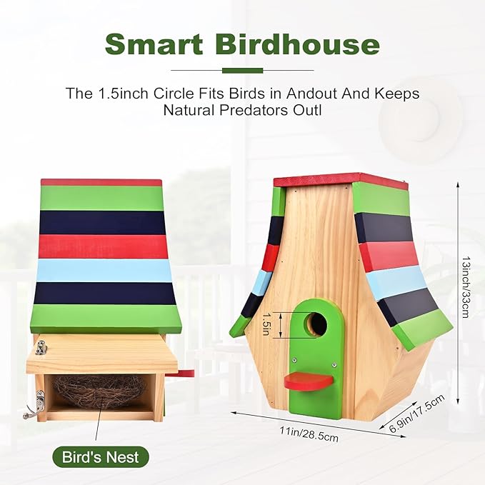 Birdhouse with Camera, Smart Bird House, 2.4G WiFi & App Notify 160° Wide Wireless 1080P HD Solar Powered Birdhouse Wooden Bird House with Camera Inside Easy Birdwatching for for BirdLovers