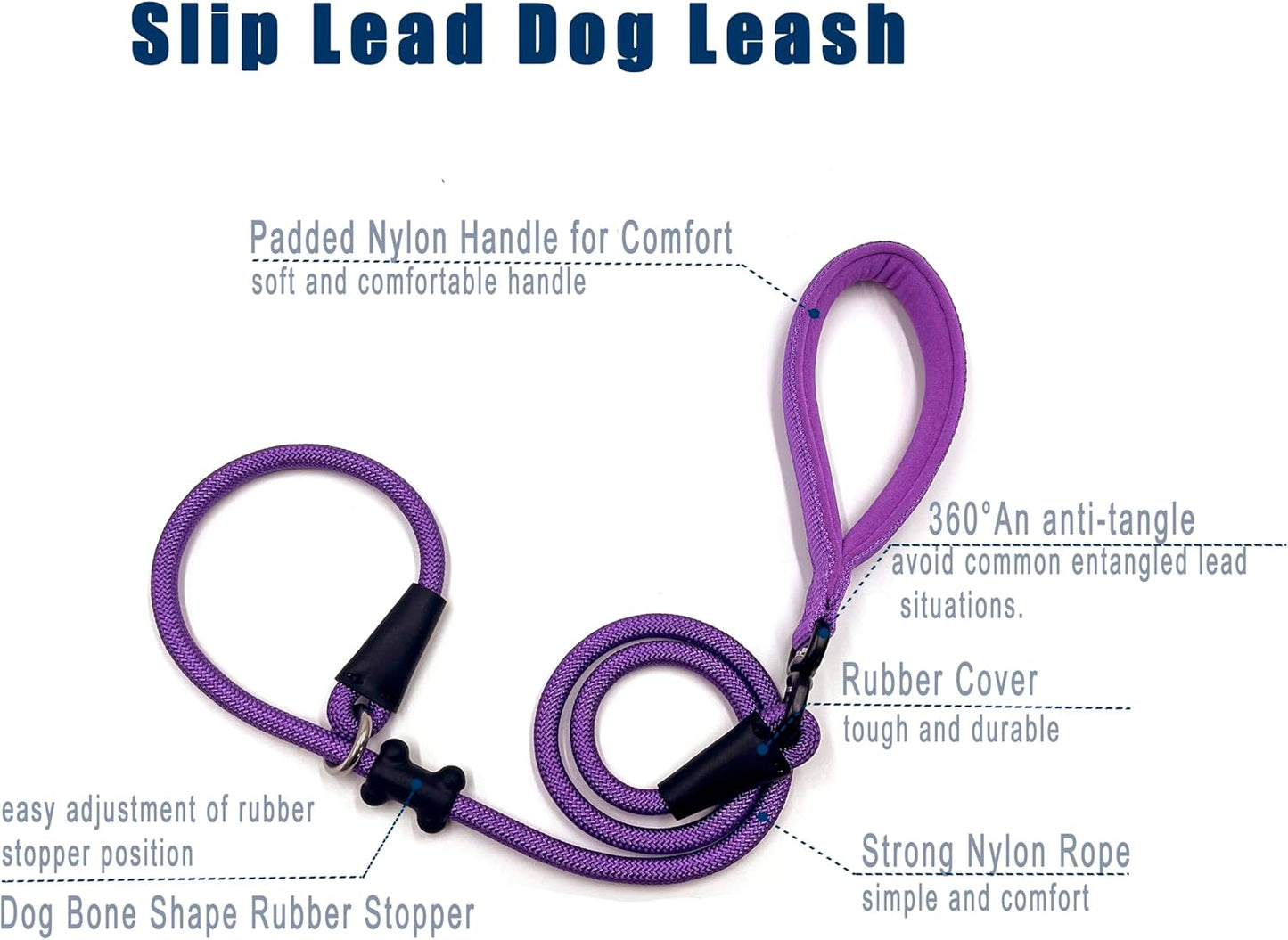 Slip Lead Dog Leash，Strong Nylon Rope Leash and Padded Handle,No Pull Outdoor Walking Training Lead for Small Medium Large Dogs(Purple,1/2"×4ft)