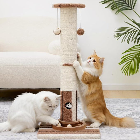 Woochpet 34inches Tall Cat Scratching Post with Cat Ball Track Toy Heavy Duty and Thicker Large Diameter Natural Sisal Cat Scratcher Post for Large Cats and Small Cats Protect Your Furniture