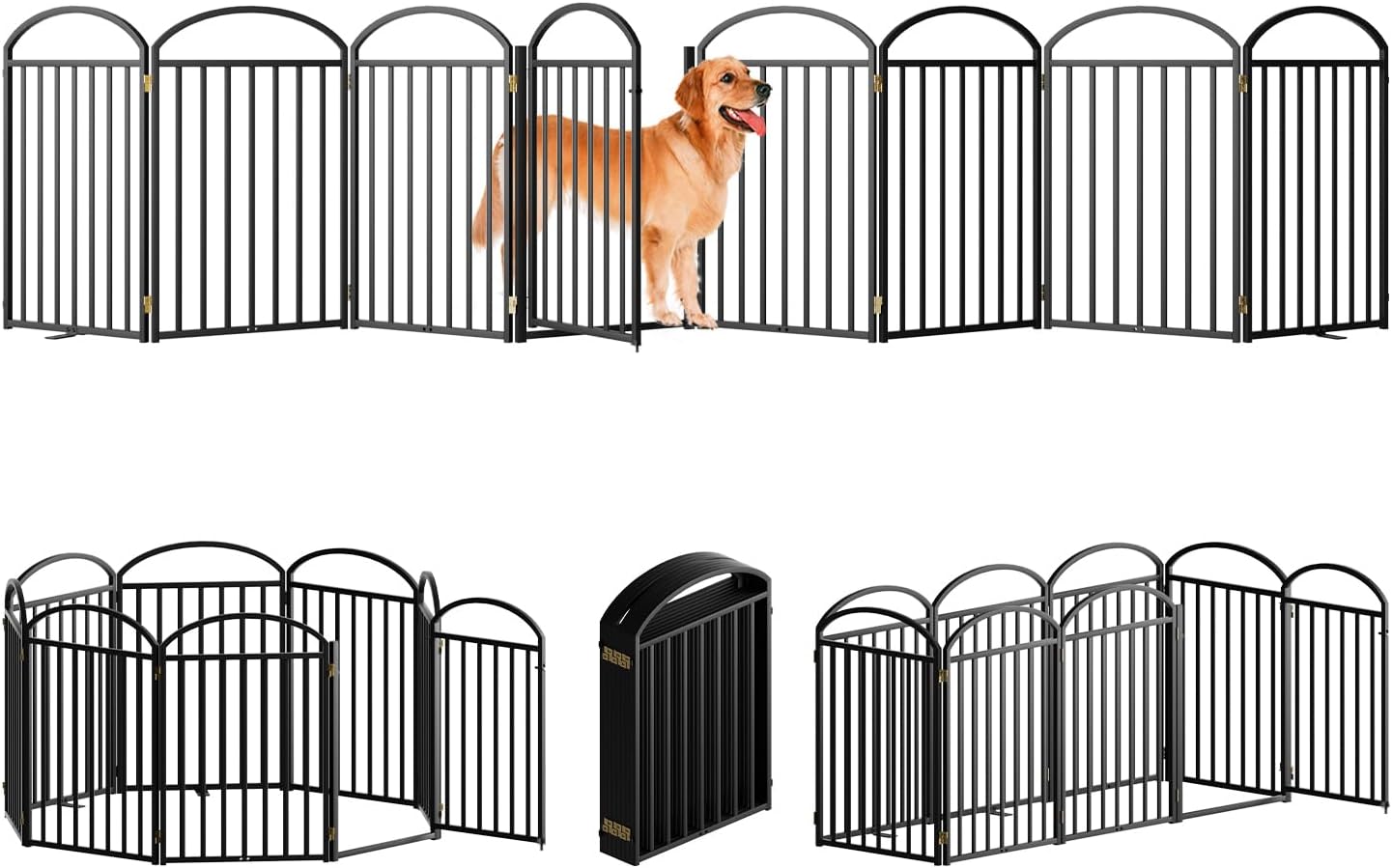 8 Panles Full Matel Freestanding Dog Gates with Door, 192"Extra Wide 32"Tall Free Standing Dog Pet Gate for Indoor & Outdoor. Foldable Pet Fences for Doorways, House, Stairs, Porch, Deck, Yard