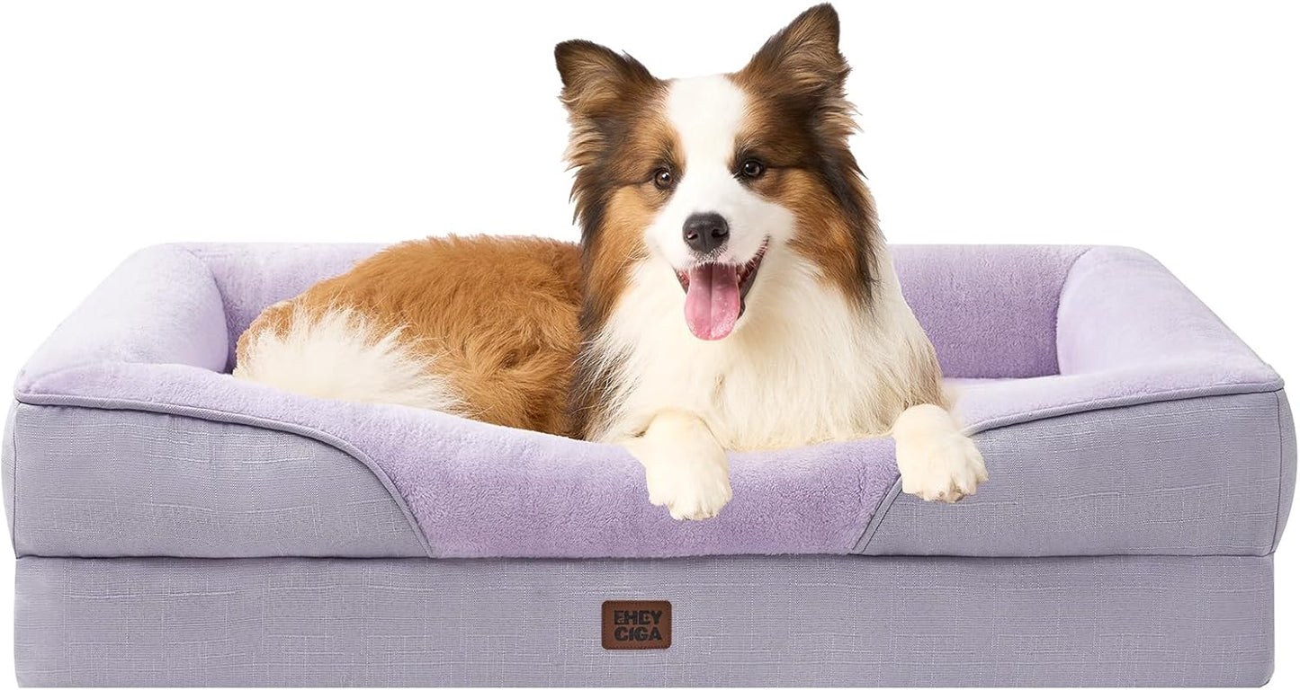 EHEYCIGA Memory Foam Dog Bed for Large Sized, Orthopedic Dog Sofa with Sides and Waterproof Liner, Washable Bolster Pet Couch with Removable Cover, 41x27x7.5 Inch, Purple