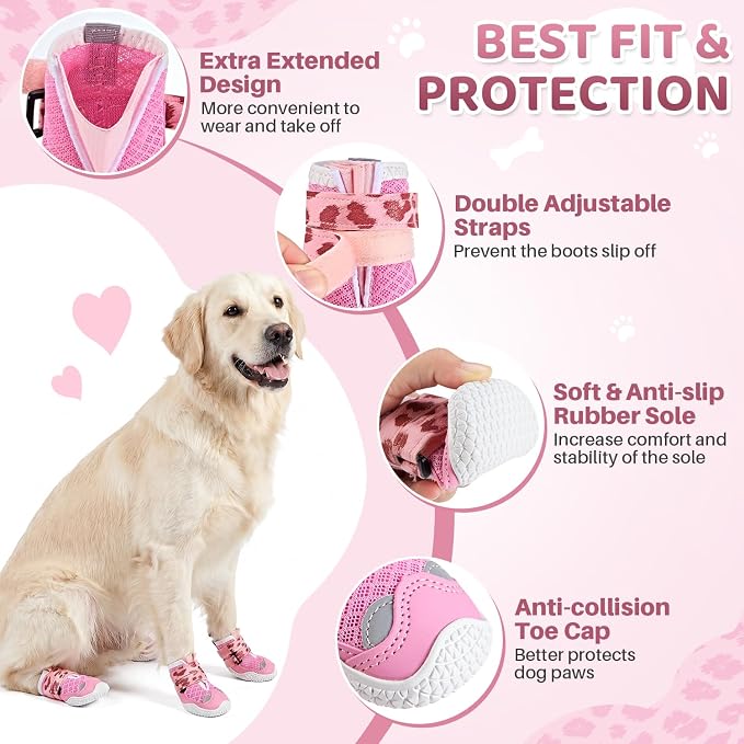 SlowTon Dog Shoes for Large Small Medium Dogs - Breathable Dog Boots for Summer Hot Pavement, Paw Protector for Outdoor Walking Winter Snow, Anti-Slip Rubber Dog Booties for Hardwood Floor (LP PI, 7)