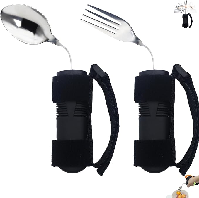 2 Pcs Adaptive Utensils Set with Spoon and Fork, Weighted Adaptive Utensils for Hand Tremors & Parkinson's & Weak Hand Grip with Non-Slip Grip,90° Angled Weighted Silverware for Arthritis