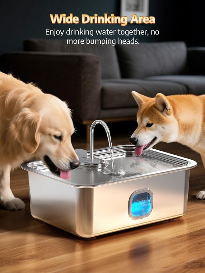 4.2Gal Dog Water Fountain for Large Dogs, 16L Stainless Steel Large Dog Fountain Water Bowl with Deeper & Wider Drinking Tray, Pet Water Dispenser with Visible Window (with 7 Newly Filters)