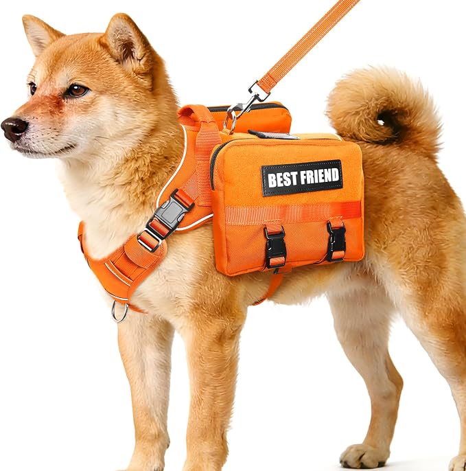 Dog Backpack Harness and Leash Set for Medium Sized Dog Orange M | Removable Side Pockets Dog Vest with Padded Handle&MOLLE,No Pull Front&Back Metal Clips for Hiking Training Walking Hunting