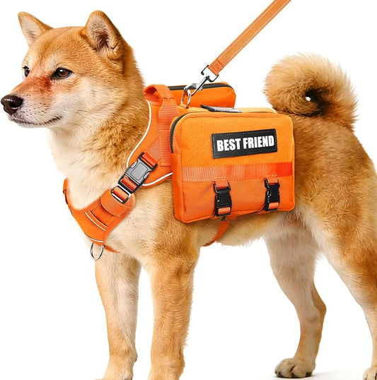 Dog Backpack Harness and Leash Set for Medium Sized Dog Orange M | Removable Side Pockets Dog Vest with Padded Handle&MOLLE,No Pull Front&Back Metal Clips for Hiking Training Walking Hunting
