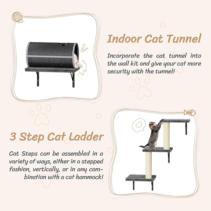 NUNU LAB 7-in-1 Cat Wall Shelves, Wall Mounted Cat Climber Set, Cat Furniture with House, Tunnel, Bridge, Steps, Scratcher, Hammock, Shelves for Indoor, Drak Grey