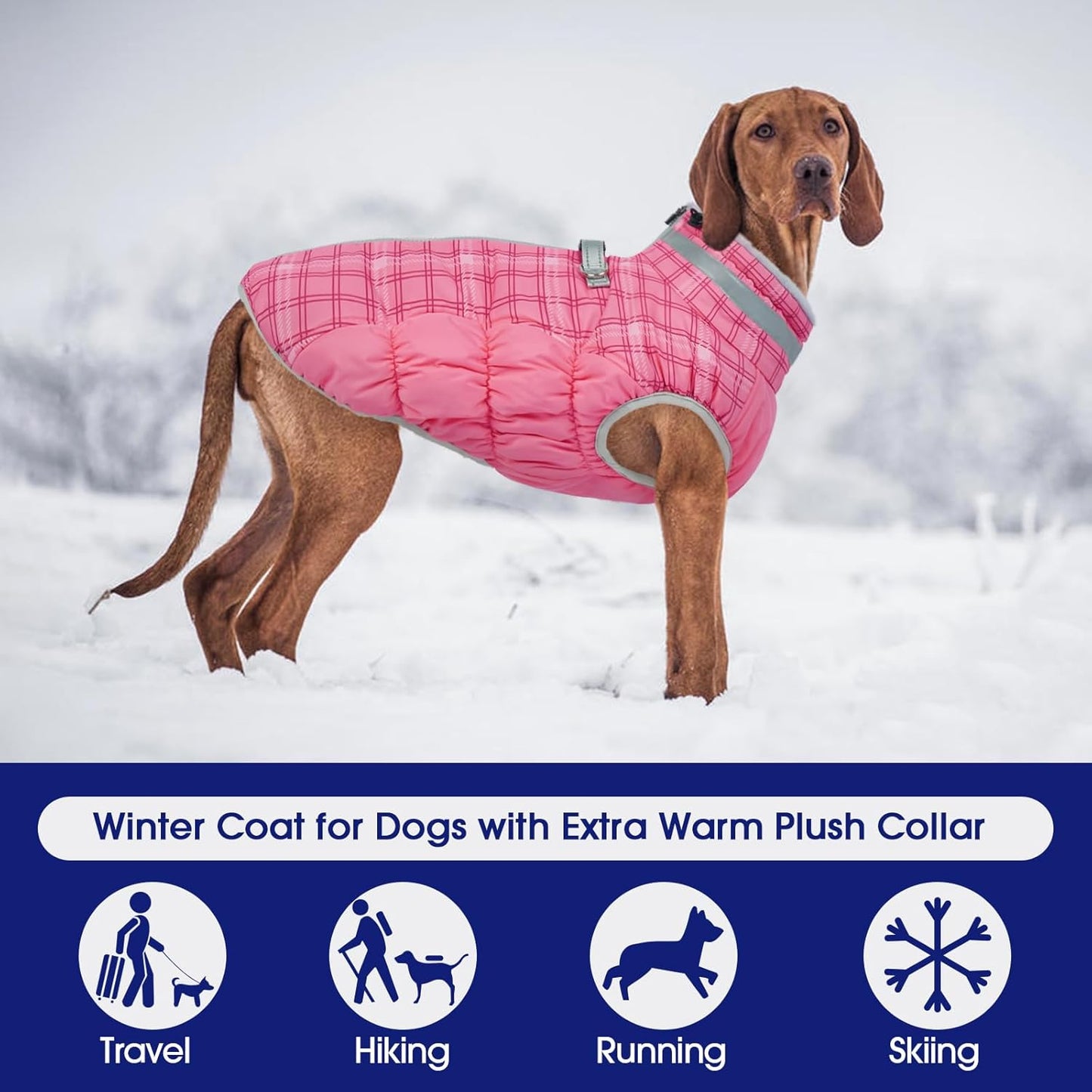 FUAMEY Dog Coat for Large Dogs,Waterproof Dog Winter Jacket with Harness Built in Puppy Cold Weather Coats Reflective Pet Vest with Zipper Warm Fleece Dogs Snowsuit Windproof Rose Plaid 2XL