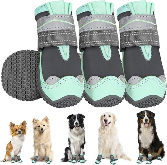 SlowTon Dog Shoes for Large Small Medium Dogs - Waterproof Dog Boots for Summer Hot Pavement, Paw Protector for Outdoor Walking Winter Snow, Anti-Slip Rubber Dog Booties for Hard Floor (Green Gray, 2)