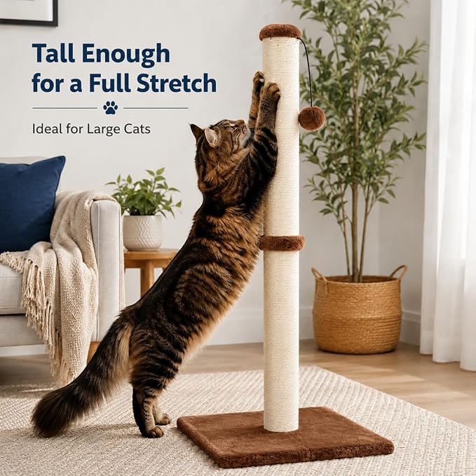 Dimaka 34" Height Tall Cat Scratching Post, Claw Scratcher with Sisal Rope and Covered with Soft Smooth Plush, Vertical Scratch [Full Strectch] for All Cats (Dark Brown, 34 inches for Large Cats)