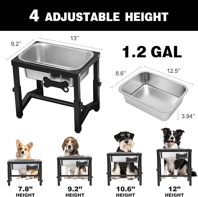 1.2 Gallon Elevated Large Dog Water Bowl, 4 Adjustable Height 7.8'',9.2'',10.6'',12''Raised Stainless Steel Bowl Stand for Small/Medium/Large Breed, Metal Dog Feeding Station for Relief Joint Pressure
