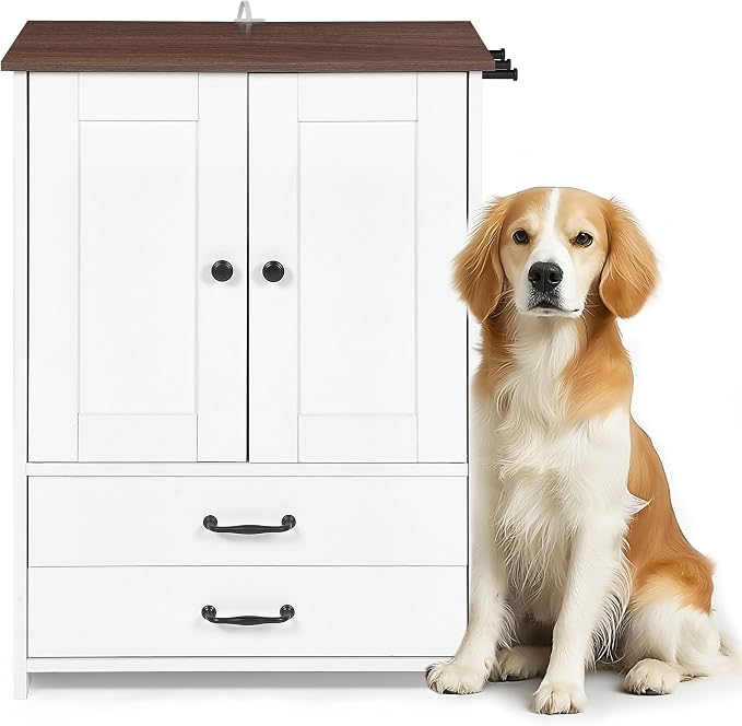 Dog Feeding Station with Double Door Locker, 2 Dog Bowls, 3 Hooks, Dog Food Storage Cabinet, Cat Feeding Dtation, Space-Saving Pet Food Storage Organizer for Indoor Outdoor, White