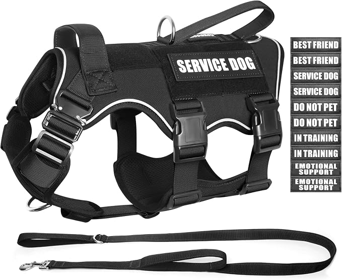 Tactical Dog Harness and Leash Set with Metal Buckles+10 Patches | Heavy Duty Service Dog Vest ,Adjustable Harness for Large Sized Dogs,No Pull Front Back Clips,for Training Hiking,Black XL