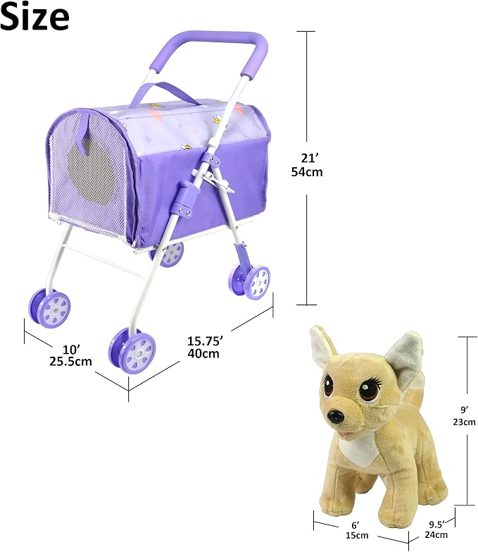 ANIVIA Pet Stroller and Accessories for Kids Ages 3 to 7 Year Olds, Dog Toy for Toddlers, 2 Pieces Play Dog Set, Puppy Party Playset with 1 Pet Puppy Included Purple