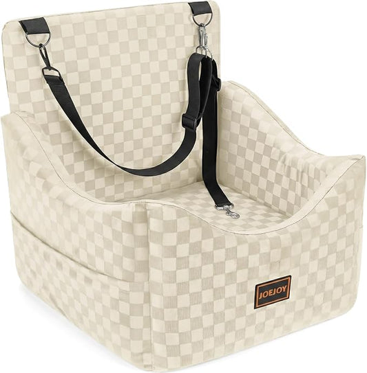 JOEJOY Elevated Dog Car Seat for Small/Medium Dogs up to 35 lbs, Memory Foam Booster Seat with Detachable Washable Cover, Travel-Safe Car Bed with Safety Belts & Storage Pockets, Beige