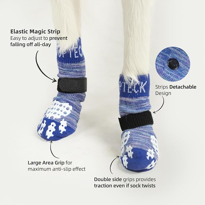 PUPTECK Anti-Slip Dog Socks with Double Sides Grips for Small Medium Large Dogs Hardwood Floors Prevents Licking, Dog Shoes for Hot Pavement Traction Control for Senior Dogs, Royal Blue, XS