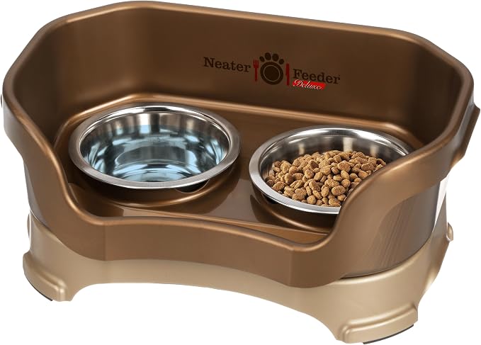 Neater Pet Brands Neater Feeder Deluxe Mess Proof Cat Bowls Elevated, Made in USA, No Spill Raised Bowls for Indoor Cats, Stainless Steel Food and Water Bowl Set, Pet Dish Feeding Station, Bronze
