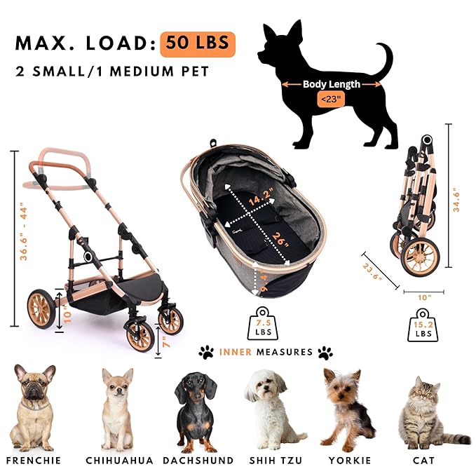 Bicystar Dog Stroller with Detachable Carrier, Rubber Wheels, 50 lbs, Tan | 3-in-1 stroller and car seat, real solid rubber wheels, fits 2 small or 1 medium pet, foldable frame