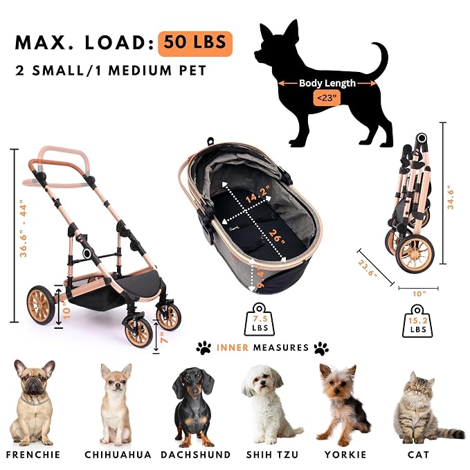 Bicystar Dog Stroller with Detachable Carrier, Rubber Wheels, 50 lbs, Grey | 3-in-1 stroller and car seat, real solid rubber wheels, fits 2 small or 1 medium pet, foldable frame