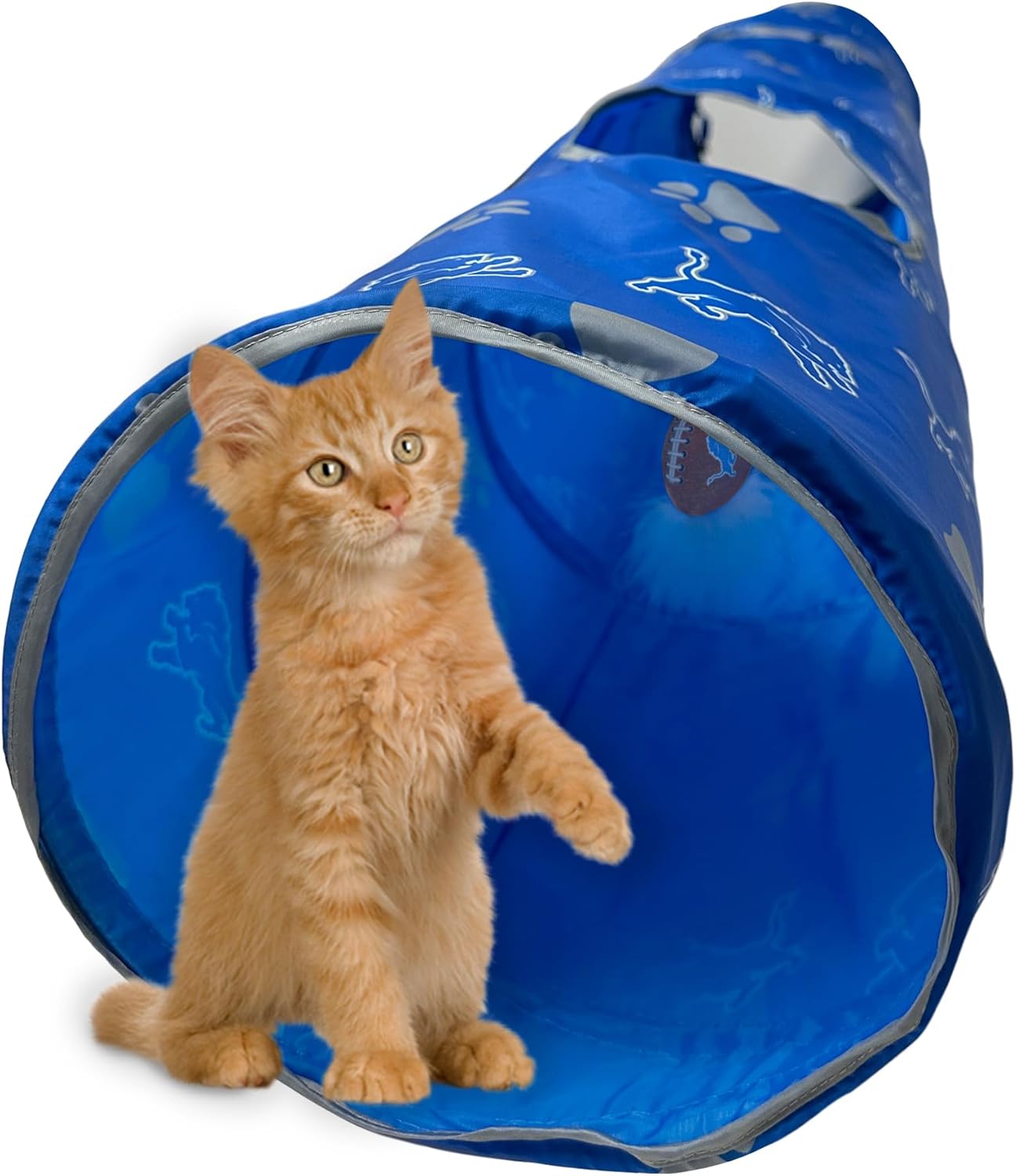 NFL Detroit Lions Cat Tunnel Tube Toy with Plush Football Catnip and Feathers Collapsible Tunnel for Cats to Play, Peek and Hide, Sporty & Fun Cat Tunnel Toy with Team Logo All-Over Design!