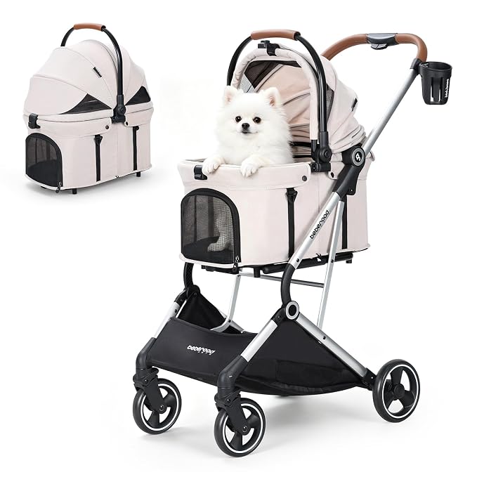 T3 Pro Small Dog Stroller (Beige) | Detachable Carrier, Aluminum Alloy Frame, Easy Assembly, Easy to Store, Larger Rear Wheel, Large Storage Basket