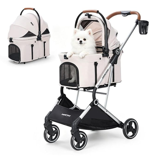 T3 Pro Small Dog Stroller (Beige) | Detachable Carrier, Aluminum Alloy Frame, Easy Assembly, Easy to Store, Larger Rear Wheel, Large Storage Basket