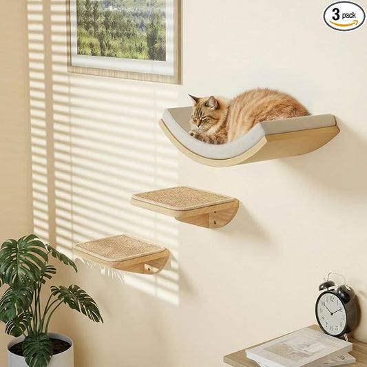 Cat Window Perches, Curved Cat Wall Beige Bed and 2 Floating Wall Steps, Wall Mounted Climbing Shelves for Sleeping, Playing, and Lounging