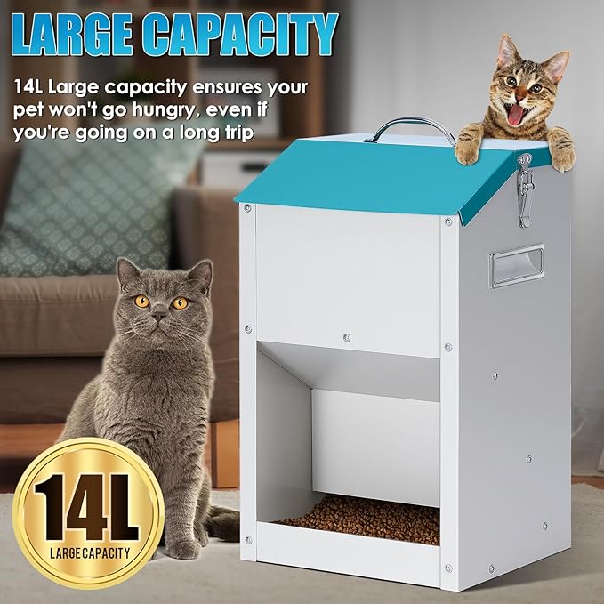 Automatic Cat Feeder Outdoor 59cups/14L Automatic Dog Feeder | Gravity Cat Food Dispenser with Storage, Galvanized Pet Feeding Station, Indoor and Outdoor Use, Wall Mountable