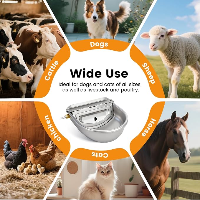 Large Automatic Dog Water Dispenser Outdoor, with Float Valve | Heavy Duty 304 Stainless Steel, Auto Refill Water Bowl, For Dogs Cats Pig Cow Goat Sheep Deer Chicken