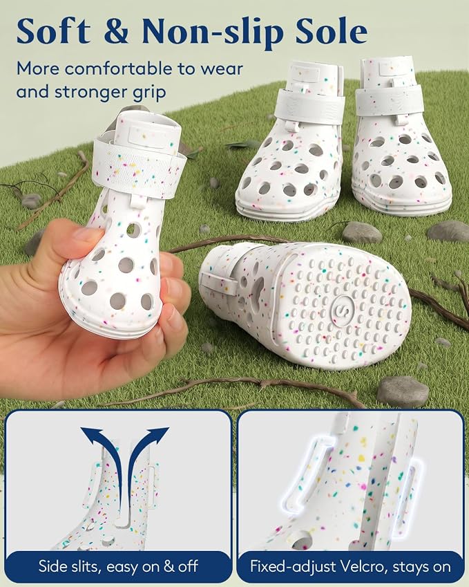 Dog Shoes for Hot Pavement, Breathable Dog Boots Paw Protectors with Adjustable Straps & Non-Slip Sole, Easy On & Off, Waterproof, Easy-Cleaning (White Star Confetti, L)