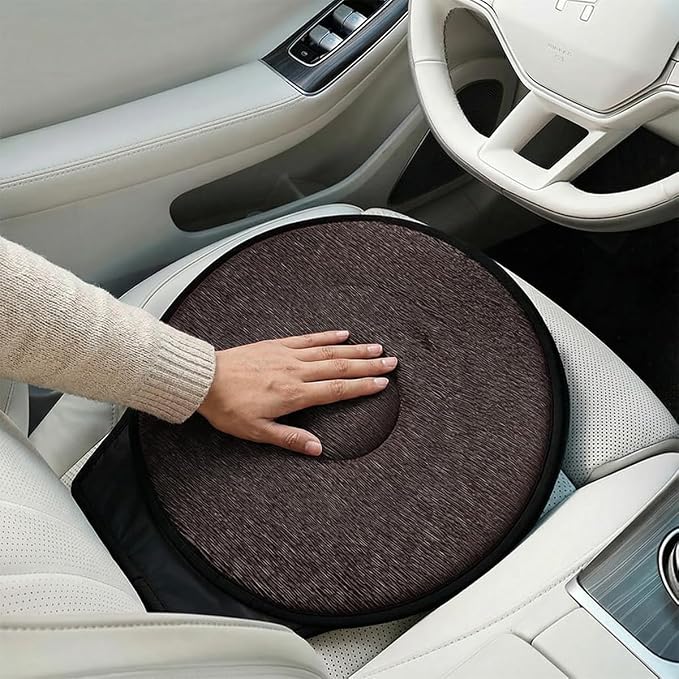 360 Degree Swivel Car Seat Cushion, Round Rotating Non Slip Vehicle Chair Pad for Elderly Support, Portable Removable Automotive Interior Seat Assist Pad, Universal for Sedan RV Truck (Coffee)