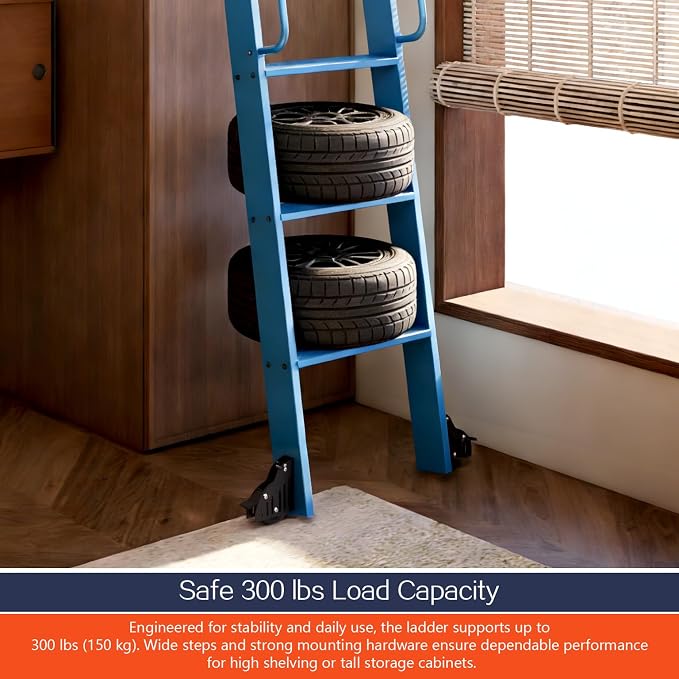DIYHD 96" Rolling Library Ladder with Handrail, 4FT Sliding Rail, Blue | 8-Step lightweight ladder with space-saving upright storage, Telescopic top hooks, Locking bottom rollers, 300lbs capacity