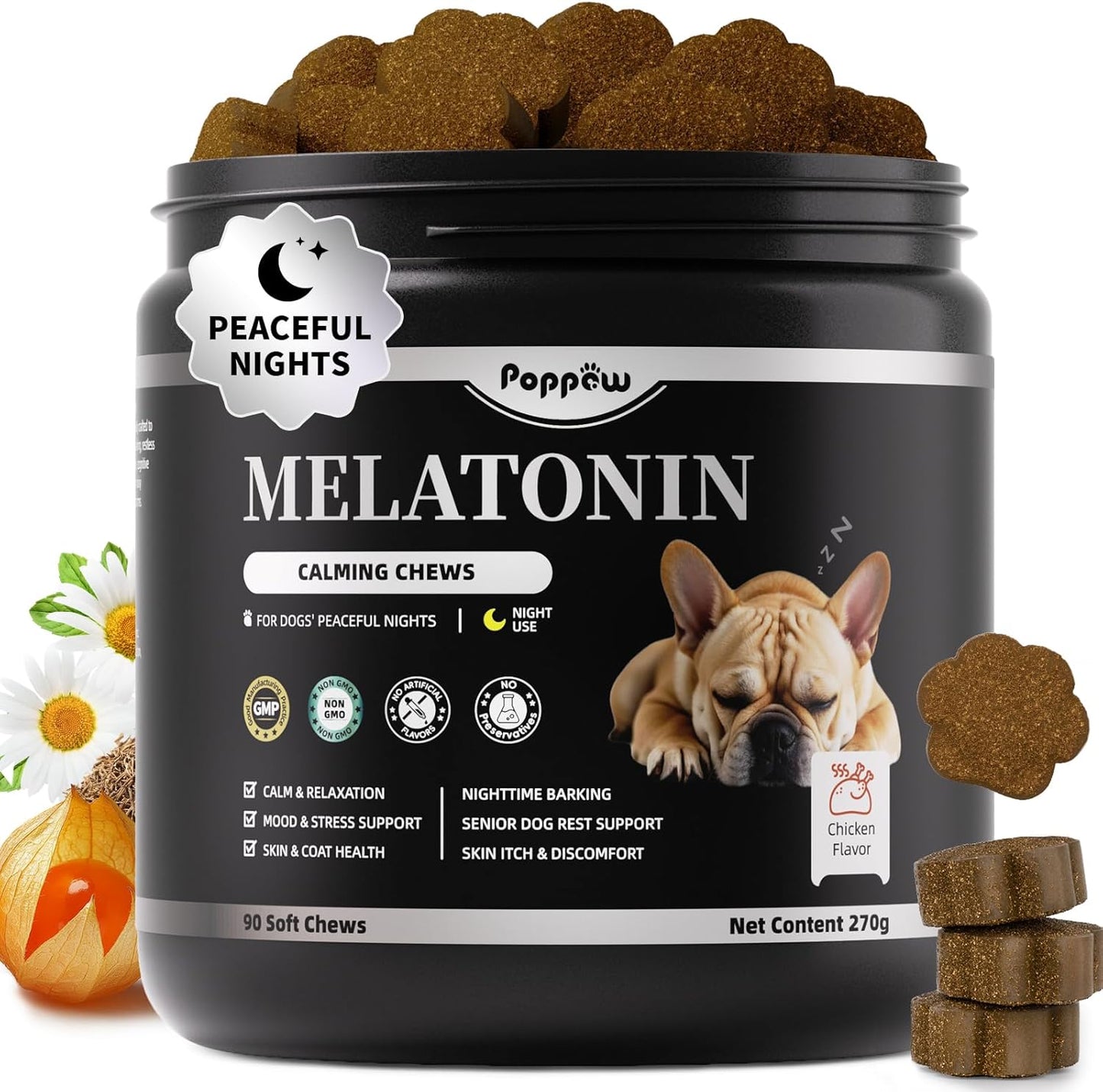 Melatonin for Dogs, Calming Chews with Valerian Root & L-Theanine for Sleep Aid & Emotional Support, Calming Treats for Stress Anxiety Relief, Thunder, Fireworks, Barking, Chicken Flavor, 90Ct