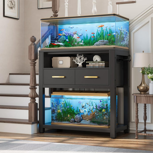 20-29 Gallon Aquarium Stand with Stable Metal Frame & Power Outlet, Heavy-Duty Fish Tank Stand with Waterproof Mat, 550LBS Capacity Storage Cabinet, Black