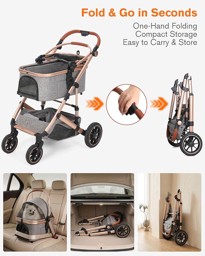 HOVONO Dog Stroller with Detachable Carrier for 2 Pets up to 60 lbs | 3-in-1 Cat Stroller with Lightweight Aluminum, 9.5” Shock-Absorbing Rubber Wheels for All-Terrain, Extra Large Storage Basket